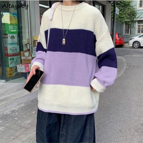 Pullovers Patchwork Gradient Colors Japanese Style Popular Loose Leisure BF Unisex Harajuku College Students Female Sweaters