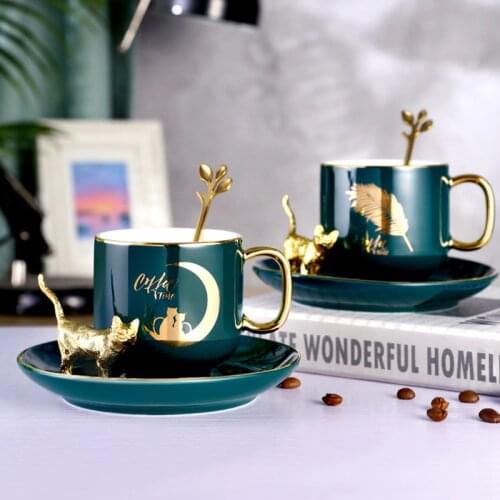 Nordic Luxury Ceramic Emerald Coffee Cup European Phnom Penh High-end Cup Saucer Set Home Office Afternoon Tea Tea Set Milk Mug