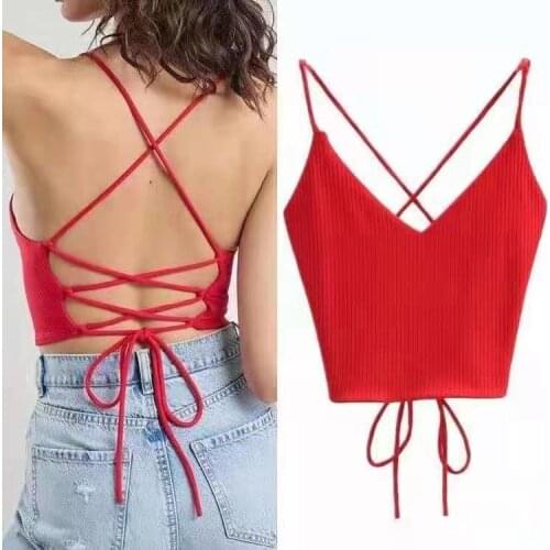 Bandage Top Women Summer 2021 Solid Color V Neck Lace-Up Backless Cropped Tanks Camis Knit Sexy Bralette Top T611