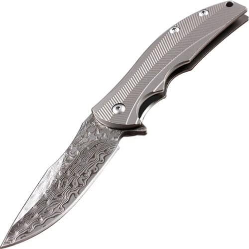 Ball Bearing Open Flipper Folding Knife Damascus Steel Drop Point Blade TC4 Titanium Alloy Handle EDC Pocket Knives