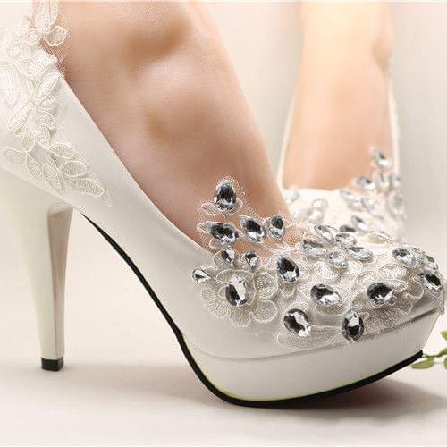 Super high 11cm heeled platforms lace wedding shoes woman round toe slip on platforms bridal brides wedding pumps shoes