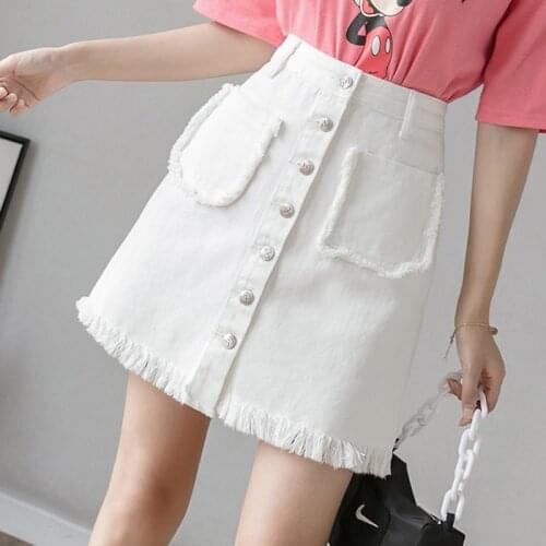 Women Denim Skirt Elegant Pockets A-Line Woman Skirts 2021 Summer Korean Fashion High Waist Button Female Mini Skirt White Black