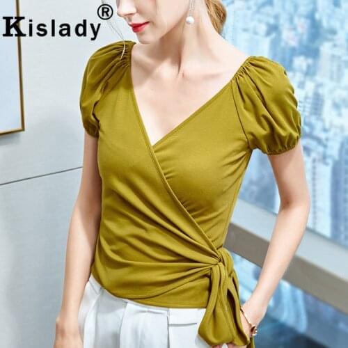 Kislady 2020 Womens V-Neck Patchwork Puff Sleeve Slim Tops Shirt Spring Summer Elegant OL Bow Gothic Korean Fashion Clothes