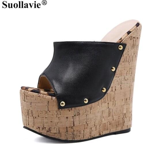 Suollavie 2021 New Rivet Women Sandals Wedges High-Heeled Artificial Leather Summer Party Shoes Size 35-42