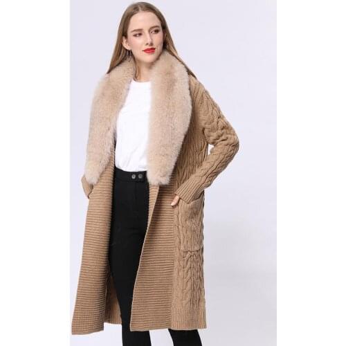 Janefur Real Fur Collar Cardigans Ribbed Knitted Ladies Sweaters Long Sleeves Autumn Winter Women Knitwear Oversize Coat New