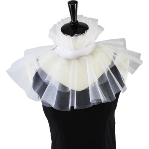 Women Victorian Mesh Ruffled Fake Stand Collar Layered Tulle Button Neck Ruff Clown Choker Shawl Wrap Cosplay Costume