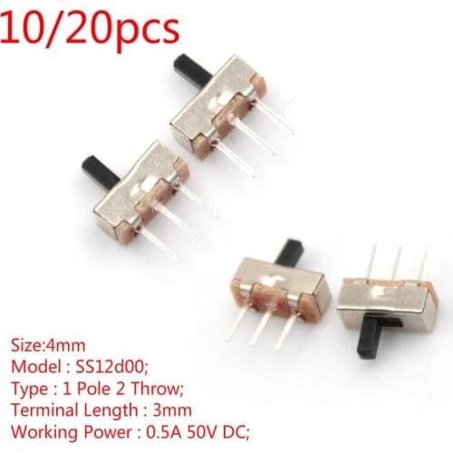 10/20Pcs Interruptor on-off mini Slide Switch SS12D00 SS12D00G3 3pin 1P2T 2 Position toggle switch Handle length:3MM