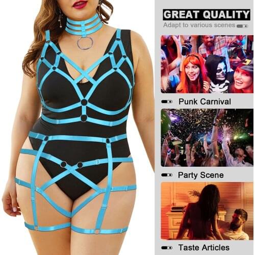 2PC Straps Bra Garter Belts Plus Size Body Harness For Women Gothic Pentagram Full Cage Hollow Out Lingerie Set Punk Clothing