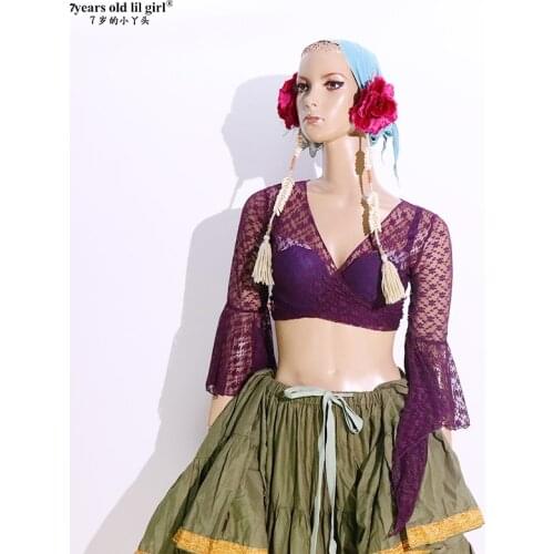 7years Old Lil Girl 2021 Lace Belly Dance Top Flamenc Korea Blouse With Trumpet Sleeves DI81