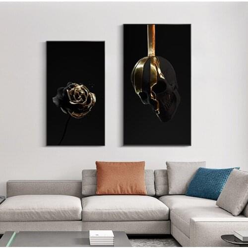 Abstract Gold Black Rose Skull Canvas Painting Wall Art Posters and Prints Modern Cuadros Wall Art Picture for Living Room Decor
