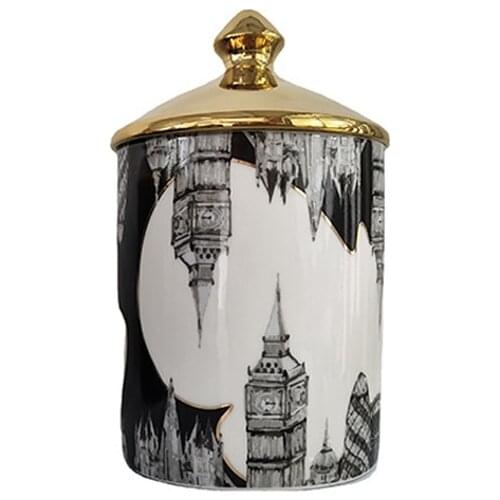European Architecture Castle Big Ben Style Jar with Gold Lid Home Decorative Candle Holder Make Up Jewerlly Storage Cup Box