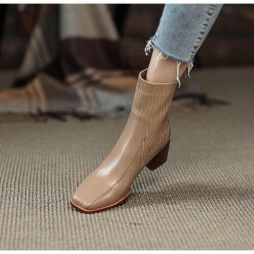 Genuine Cow Leather Martin boots thick heel square toe single boots British style knitted elastic stocking boots women