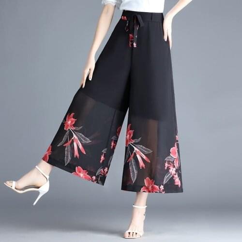 New Hot Sale Summer Thin Elastic High Waist Wide Leg Pants Women Casual Chiffon Printed Wide Leg Pants Plus Size 4XL X192