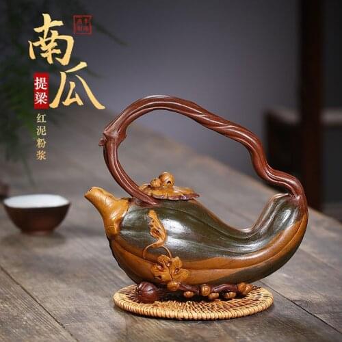 Zisha Teapot Yixing Raw Ore Red Mud Powder Slurry Pumpkin Handle Tea Kettle Purple Clay Pot Chinese Characteristic Teaset 300ml