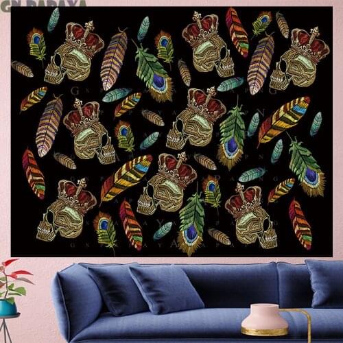 Embroidery style skull crown mandala tapestry boho decor retro leather goblen Yoga mat Polyester bohemian Wall Hanging decor