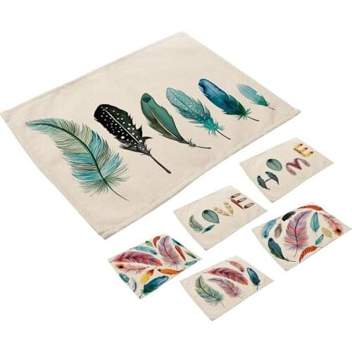 HOT 1Pcs Colorful Feather Pattern Placemat Coaster Cotton and Linen Pads Kitchen Dining Table Mats Western Mat 42 x 32cm