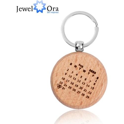 JewelOra Personalized Engraving Name & Date Wooden Keychains Customized Calendar Highlighted with Heart Keyrings Unique Gifts