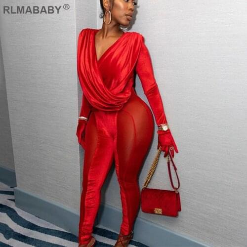 Fashion Mesh Velvet Patchwork Jumpsuit For Women Autumn Winter V Neck Long Sleeve See Through Night Club Red Bodycon Jumpsuit
