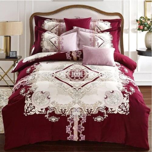 Nice Red White 100% Cotton Sanding Printed Flower Bedding Set Luxury Royal Bed Sheet set Duvet Cover Pillowcase Queen King 4pcs