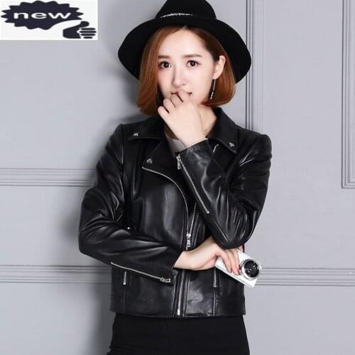 Sheepskin Coat Womens Genuine Spring Autumn New Loose Short Long Sleeve Biker Moto Leather Jacket Outwear Black