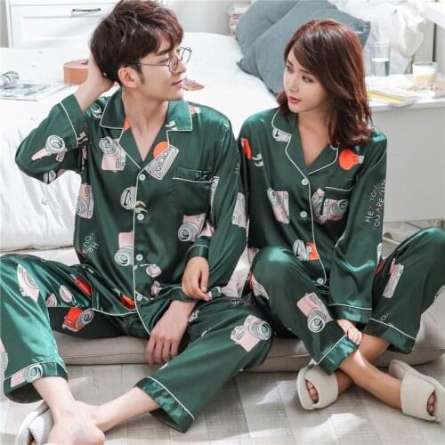 Summer lovers silk ice silk pajamas printing camera long sleeve short sleeve casual Korean version of loose youth home pajamas