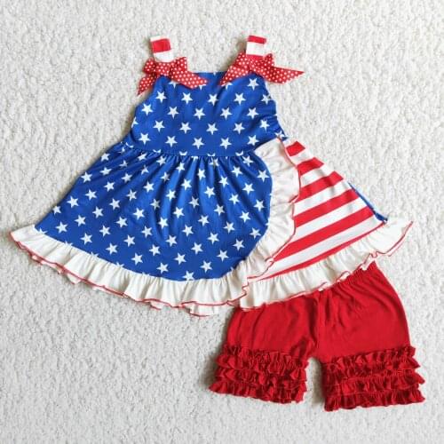 July 4th Summer American Baby Girls Outfits Red Cotton Shorts Stars Stripe Swing Top Bows Ruffles