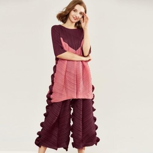 Autumn Miyake Fold New Wide Legs Seven Pants + Wooden Ear Impact Color T-shirt Casual Loose Large Code Suit Girl