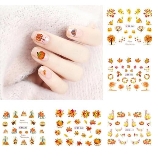 12Sheets Nail Sticker Thanksgiving Day Pumpkin Maple DIY Nails Art Tip Stickers Manicure Salon Decal Decor Tools