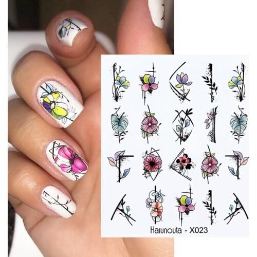 Harunouta Colorful Floral Nail Art Stickers Geometry Lines Leave Water Transfer Decals Slider Nail Foils Tattoo Manicuring Tips