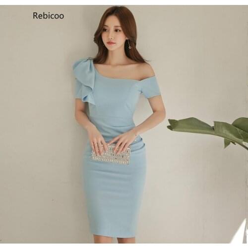 New Summer Women dress Dew Shoulder Hip Is Sexy Dresses Sky Blue