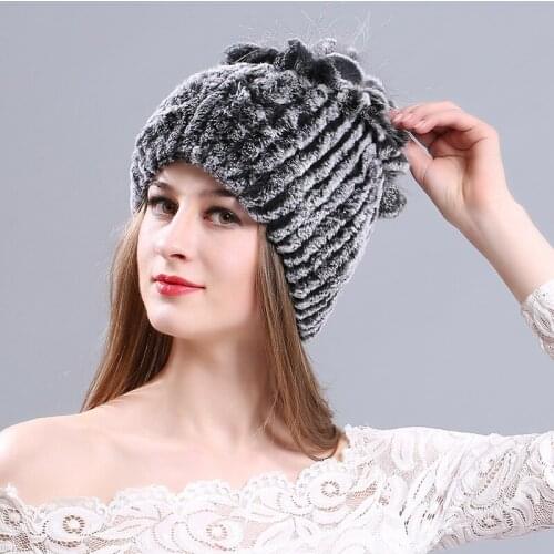 New Rex Rabbit Fur Women Knitted Beanies Hat Youth Female Fashion Casual Warm Thickened Skullies Cap Ladies Outdoor Hats H7062