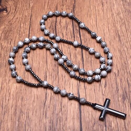 New Gray Ripple Natural Stone with Hematite Cross Long Necklace Beaded Man Chain Necklace Catholic Christ Man Rosary Prayer Bead