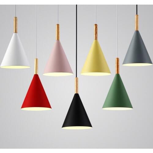 Modern Simple LED E27 Aluminum Makaron Cone Shade with Wood Handle Hang Lamp for Dining Room Decorative 7-Colors Optional
