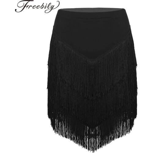 New Women Elastic Waist Fringe Tassels Asymmetric Latin Dance Skirt Ladies Tango Rumba Ballroom Dancewear with Built-in Shorts