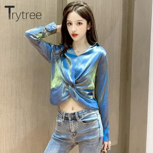 Trytree 2020 Spring Autumn Women Casual V-neck Blouse Solid 2 Solid Temperament Show belly button Fashion Elegant Blouse Tops