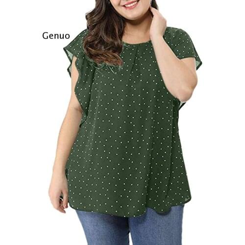 Womens Summer Plus Size Blouses Ruffle Sleeve Shirt Top Polka Dot Chiffon Round Neck Blouse Women Clothing