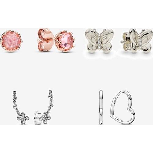 2020 New Style 925 Sterling Silver Delicate Butterfly Four Petal Flower Crown Asymmetric Heart Stud Earrings For Ladies As Gifts