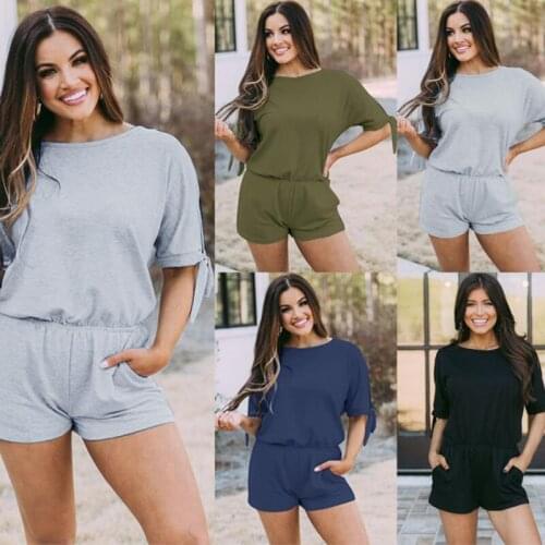 Summer Womens Jumpsuits&Rompers T-Shirts Straight Pants Casual Solid Color Autumn Lace Up Female Jumpsuit Streetwear C2702