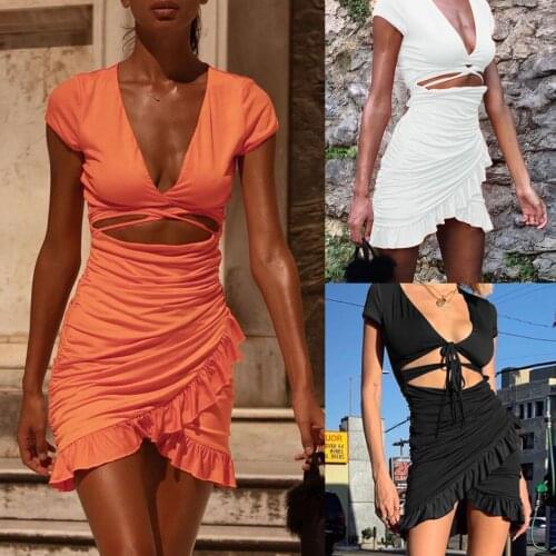 2021 new summer womens sexy deep V flounce pleated dress short sleeves front mid slit V-neck bodycon asymmetric overlap bow