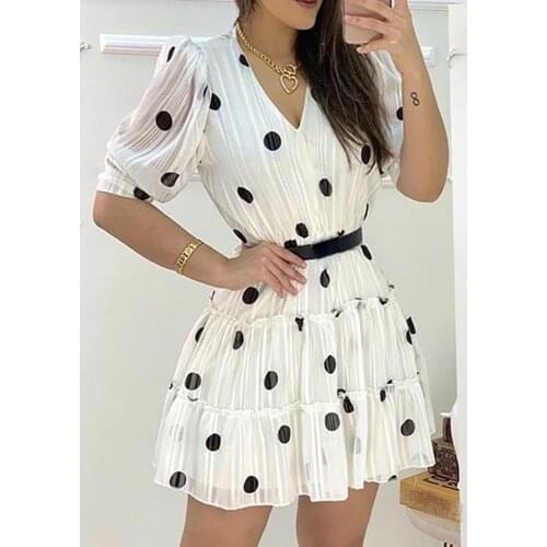 2020 Women Fashion Elegant Casual V Neck Short Sleeve Mini Party Dress Polka Dots Mesh Puff Sleeve Ruffles Casual Dress