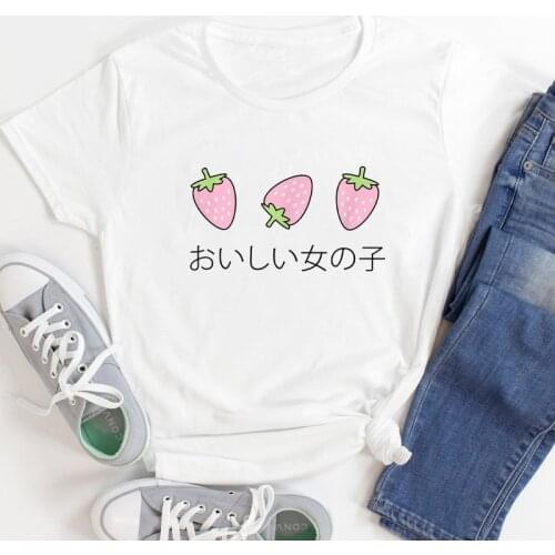 Three Strawberries Colored Print T-shirt Kawaii Sweet Strawberry Japanese Top Tee Shirt Cute Women Hipster Graphic Tshirt