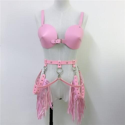Gothic Leather Harness Garter Set Metal Rivets Bra Garter Long Tassel Waist Belt Two Piece Set Garter Belt Rave Festival Outfits