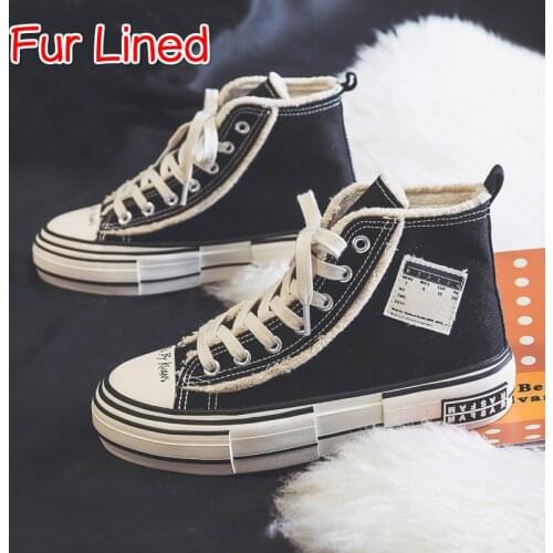 Casual Black Plush Warm Thick Sole High Top Canvas Shoes for Women Autumn and Winter Sneakers High Top Girls Gumshoes Fur Lined