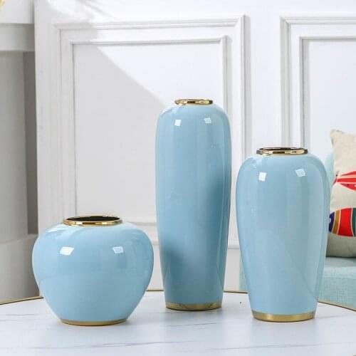Chinese Ceramic Flower Vase Antique Light Blue Crystal Glaze Gold Line Tabletop Vase Decorations For Home Ornaments