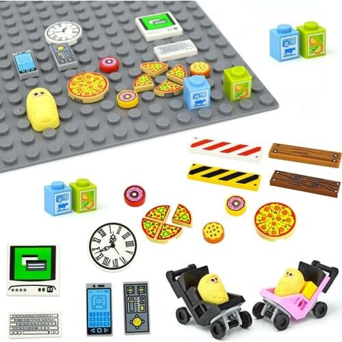 Compatible City Accessories Printed Tile Building Blocks Computer TV Phone Clock Pizza Parts Road Sign MOC Classic Bricks Toys