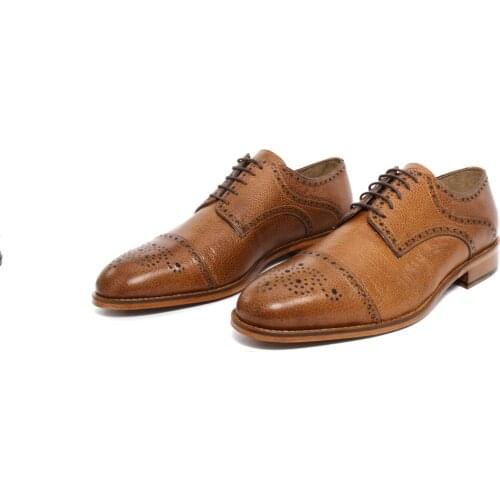 SHENBINS Medallion Toe Classic Derby Shoes, Premium Tobacco Leather, Genuine Leather Soles