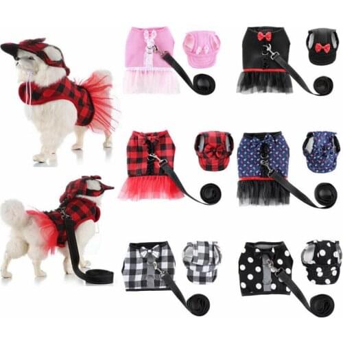 Cute Small Pet Dog Harness and Leash Set Mesh Padded Puppy Cat Vest Harness Plaid Dots Lace Dress Hat Leash Set for Chihuahua