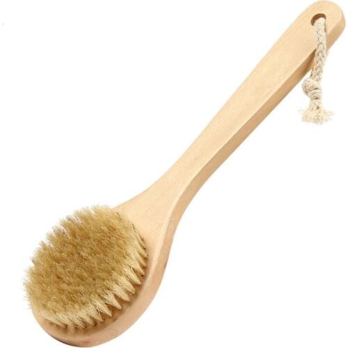Round Shape Natural Boar Bristle Wooden Brush Middle Long Handle Wooden Detox Wooden Handle Body Brush Skin Brush