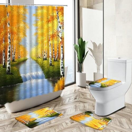 Forest Waterfall Shower Curtain Autumn Oil Painting Scenery Bathroom Set Birch Tree Maple Leaf Bath Carpet Toilet Cover Foot Mat