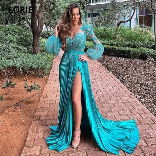 LORIE Blue Evening Dresses Appliques Scoop A-Line Pleats High Side Split Long Sleeves Sexy Prom Party Gown for Graduation